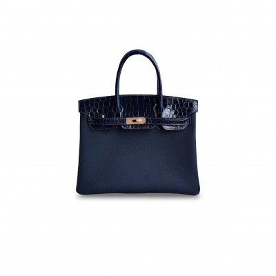 HERMÈS MASTER BIRKIN 30 CROCODILE AND TOGO LEATHER SAPPHIRE BLUE GOLD BUCKLE H076235CK25 (30*22*16cm)